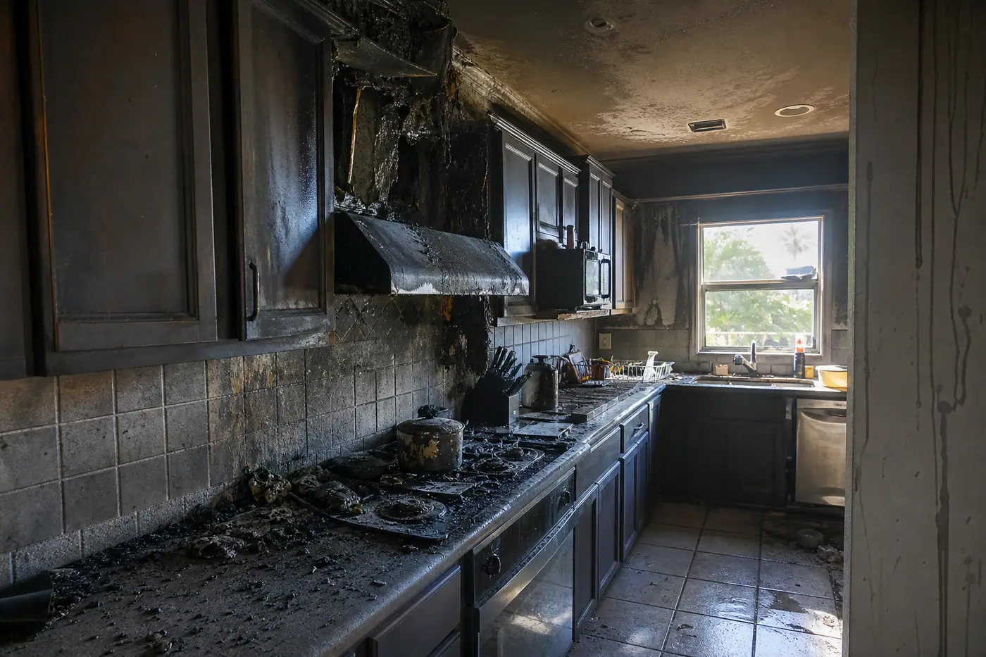 Smoke-stained kitchen cabinets and soot after a house fire in a Florida home.