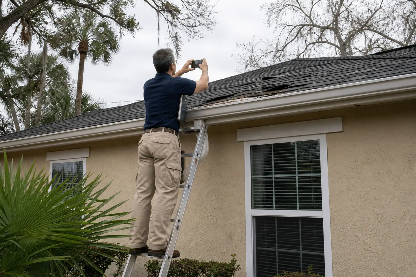 A public adjuster photographing roof damage on a Central Florida home.