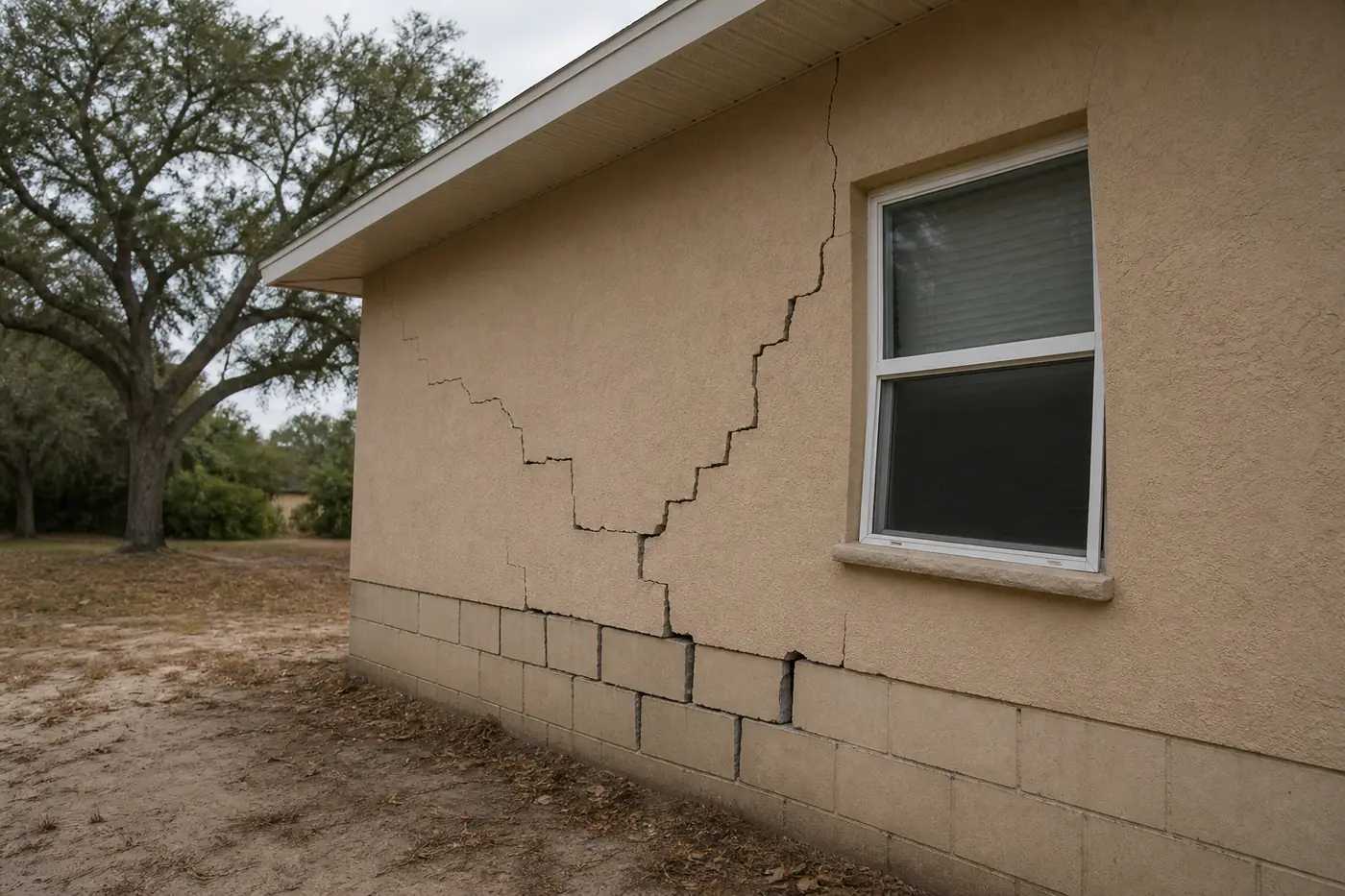 Stair-step cracks in the stucco of a Central Florida home, a common sinkhole warning sign.