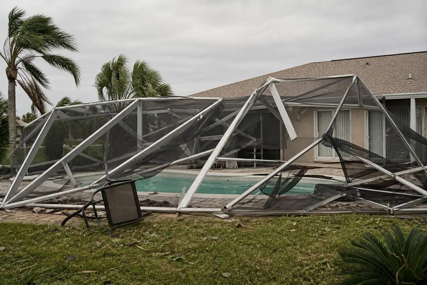 A collapsed aluminum pool cage crumpled over a residential pool after a windstorm.